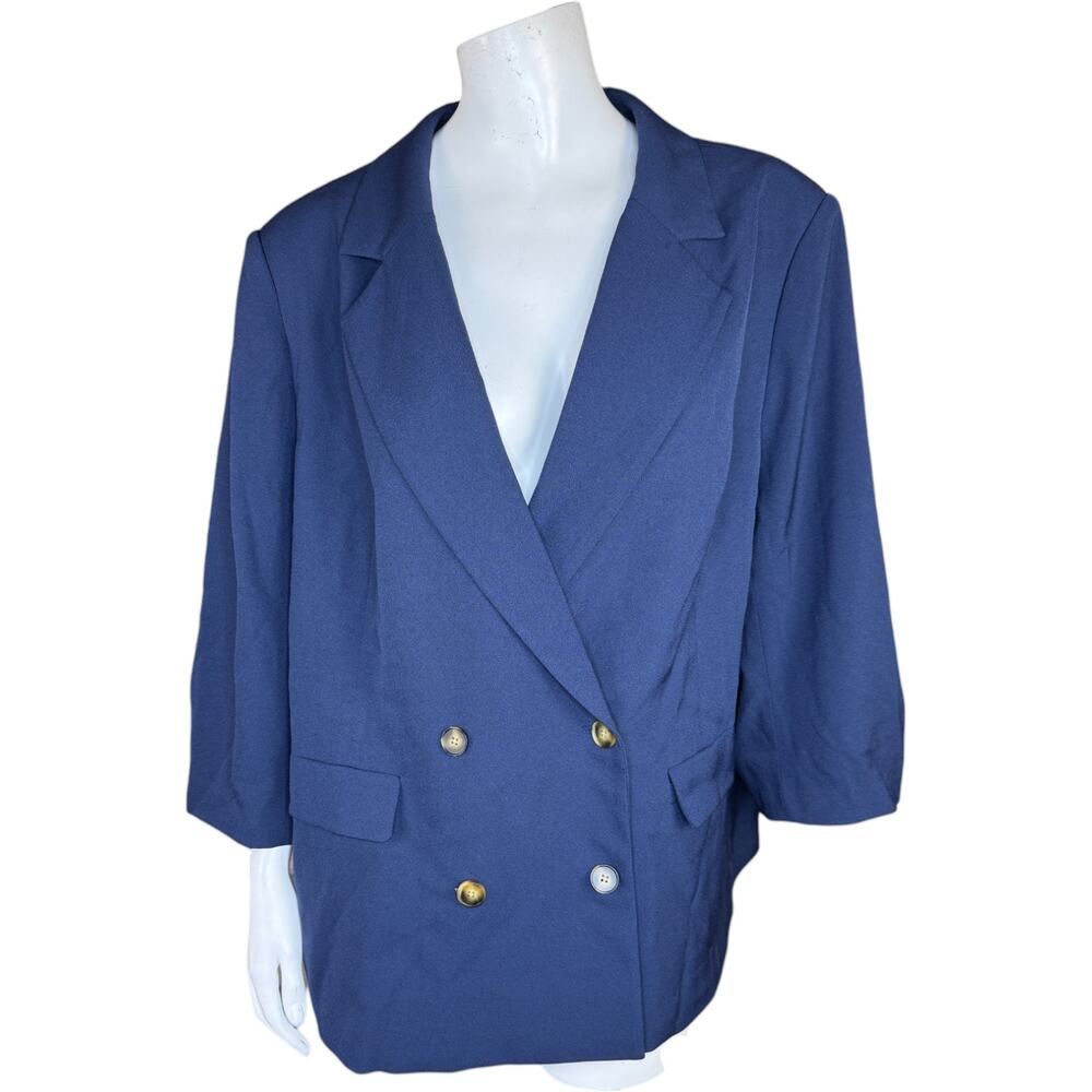 Studio Park X Amy Stran Ruched 3/4 Sleeve Blazer Navy 1X‎ Career Button-Front
